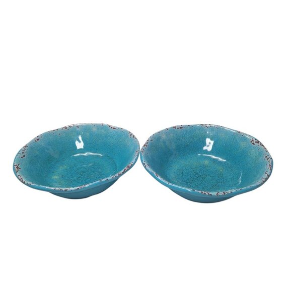 Pier 1 Imports Carmelo Melamine Cereal Bowls Teal Blue Crackle Rustic Aqua Set - Picture 1 of 6